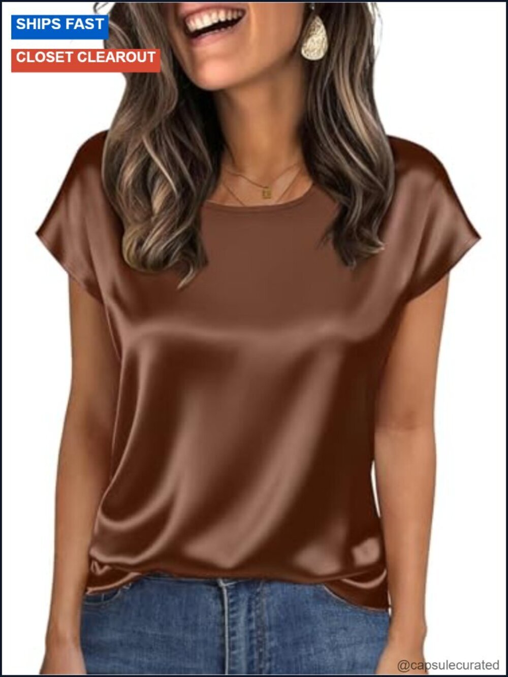 Silk Satin Cap Short Sleeve Blouse Square Neck Business Casual Top